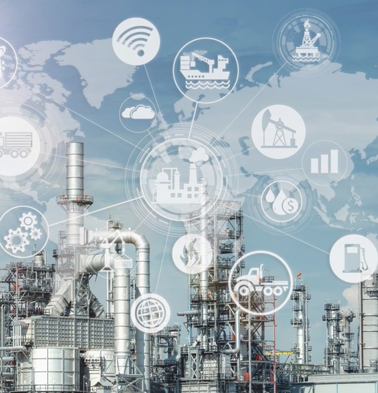 Industrie 4.0 des Öl- und Gasraffinationsprozesses der Raffinerieanlage, Konzept des industriellen Energiesystems-Netzwerk-Icons.