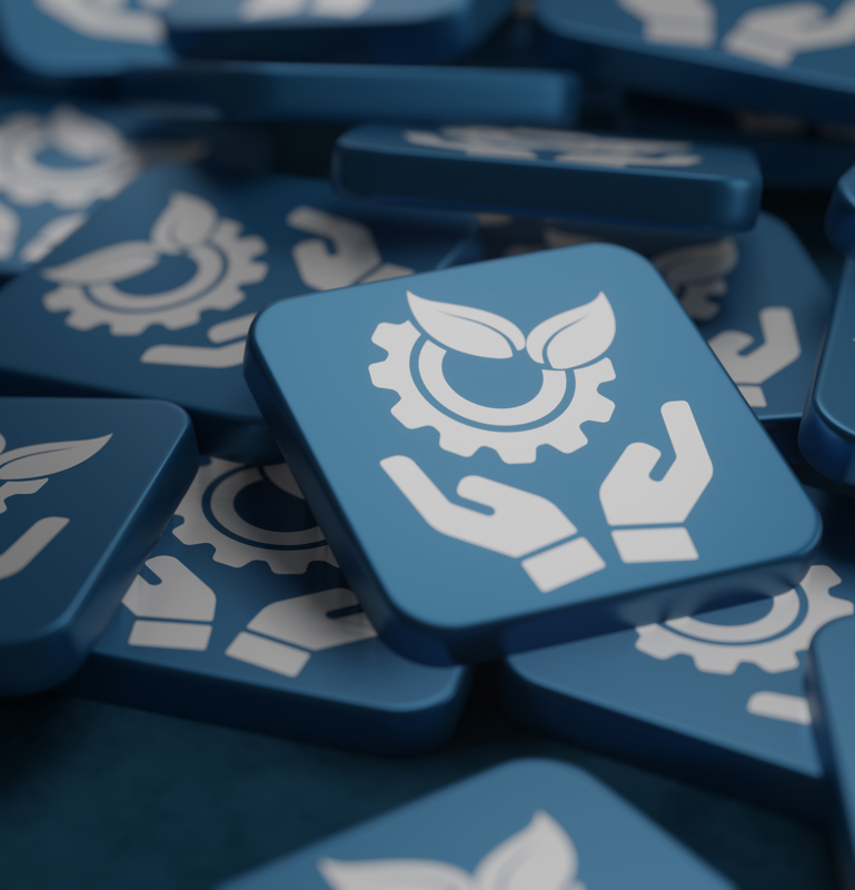 kleine blaue Fliesen mit dem Symbol Nachhaltigkeit - Konzept der blauen Fliesen